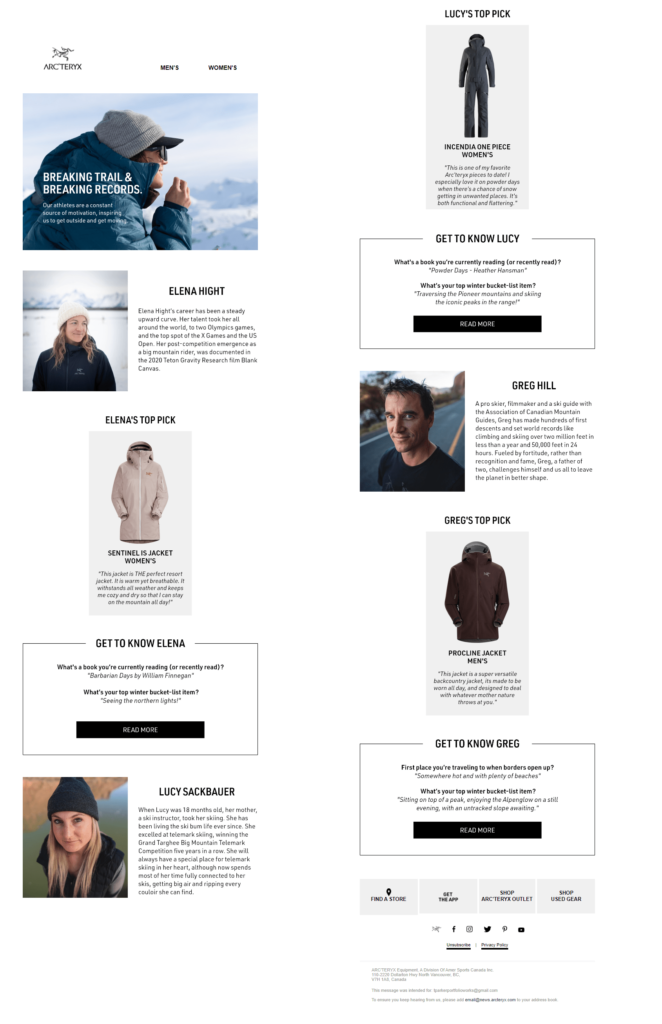 ArcTeryx's newsletter shows users' testimonials